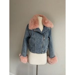 Denim bomber jacket with removable pink fur collar and cuffs